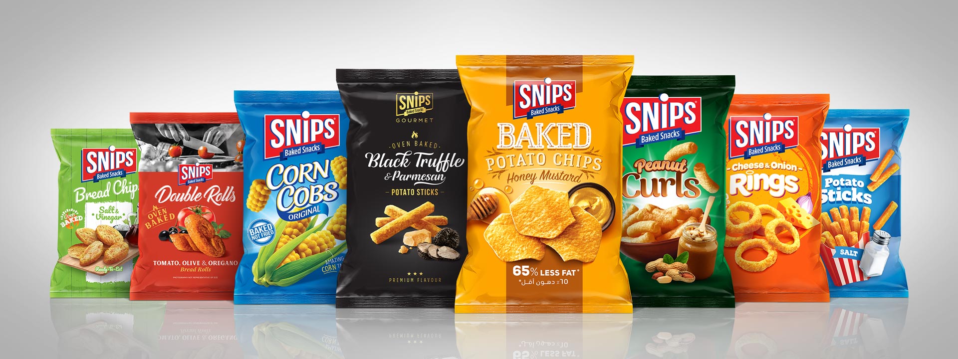 SNIPS Product Lineup - Baked Potatoes - Potato Sticks - Corn Cobs - Onion Rings - Double Rolls - Curls - Bread Chips - Gourmet